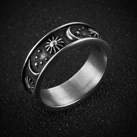 Men’s Moon Star Sun Stainless Steel Ring - Picture 1 of 7
